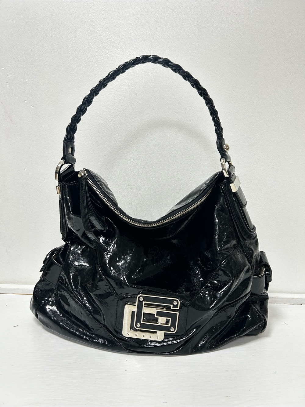 Vintage Y2K Guess Patent Leather‎ Logo Hobo Shoulder Bag Black Braided Strap